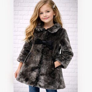 Lili Gaufrette Girls Brown Faux Fur Black Faux Leather Tie Coat Size 4